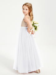 Sequined Top Long Tulle Junior Bridesmaid Gown White