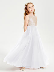 Sequined Top Long Tulle Junior Bridesmaid Gown White