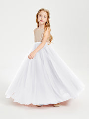 Sequined Top Long Tulle Junior Bridesmaid Gown White