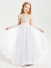 Sequined Top Long Tulle Junior Bridesmaid Gown White