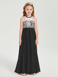 Lace Top Long Chiffon Bridesmaid Dresses Black