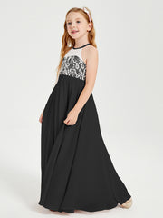 Lace Top Long Chiffon Bridesmaid Dresses Black