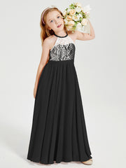 Lace Top Long Chiffon Bridesmaid Dresses Black