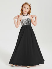 Lace Top Long Chiffon Bridesmaid Dresses Black