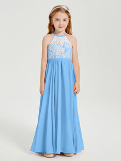 Lace Top Long Chiffon Bridesmaid Dresses Blue