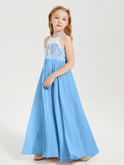 Lace Top Long Chiffon Bridesmaid Dresses Blue