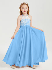 Lace Top Long Chiffon Bridesmaid Dresses Blue