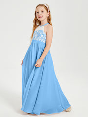 Lace Top Long Chiffon Bridesmaid Dresses Blue