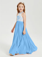 Lace Top Long Chiffon Bridesmaid Dresses Blue