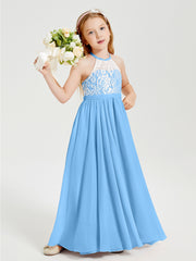 Lace Top Long Chiffon Bridesmaid Dresses Blue
