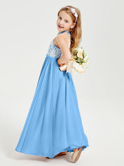 Lace Top Long Chiffon Bridesmaid Dresses Blue