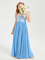 Lace Top Long Chiffon Bridesmaid Dresses Blue