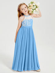 Lace Top Long Chiffon Bridesmaid Dresses Blue