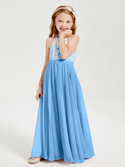 Lace Top Long Chiffon Bridesmaid Dresses Blue