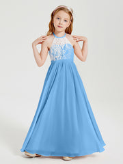 Lace Top Long Chiffon Bridesmaid Dresses Blue