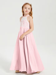Lace Top Long Chiffon Bridesmaid Dresses Blushing Pink