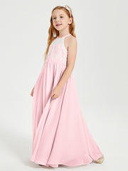 Lace Top Long Chiffon Bridesmaid Dresses Blushing Pink