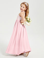 Lace Top Long Chiffon Bridesmaid Dresses Blushing Pink