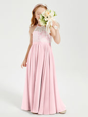 Lace Top Long Chiffon Bridesmaid Dresses Blushing Pink