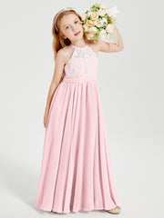 Lace Top Long Chiffon Bridesmaid Dresses Blushing Pink