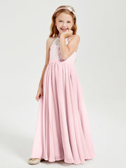 Lace Top Long Chiffon Bridesmaid Dresses Blushing Pink