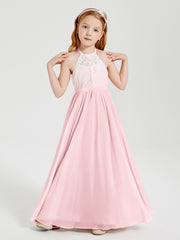 Lace Top Long Chiffon Bridesmaid Dresses Blushing Pink
