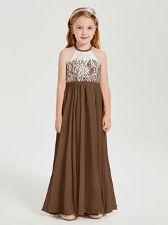 Lace Top Long Chiffon Bridesmaid Dresses Brown