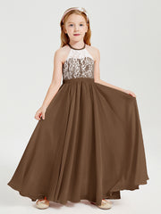 Lace Top Long Chiffon Bridesmaid Dresses Brown