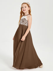 Lace Top Long Chiffon Bridesmaid Dresses Brown