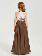 Lace Top Long Chiffon Bridesmaid Dresses Brown