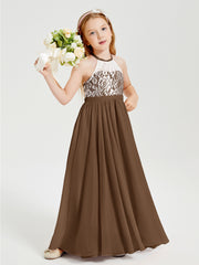 Lace Top Long Chiffon Bridesmaid Dresses Brown