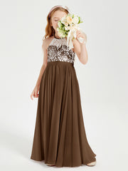 Lace Top Long Chiffon Bridesmaid Dresses Brown