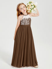Lace Top Long Chiffon Bridesmaid Dresses Brown