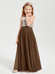 Lace Top Long Chiffon Bridesmaid Dresses Brown
