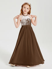 Lace Top Long Chiffon Bridesmaid Dresses Brown