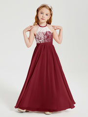 Lace Top Long Chiffon Bridesmaid Dresses Burgundy
