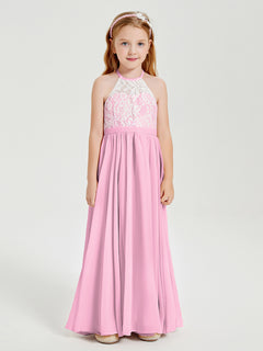 Lace Top Long Chiffon Bridesmaid Dresses Candy Pink