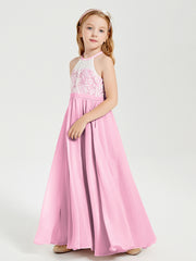 Lace Top Long Chiffon Bridesmaid Dresses Candy Pink