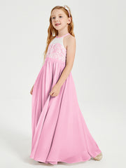 Lace Top Long Chiffon Bridesmaid Dresses Candy Pink
