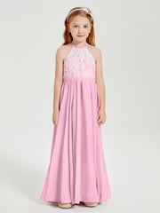Lace Top Long Chiffon Bridesmaid Dresses Candy Pink