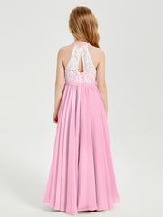 Lace Top Long Chiffon Bridesmaid Dresses Candy Pink
