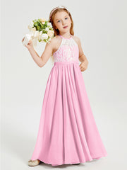 Lace Top Long Chiffon Bridesmaid Dresses Candy Pink