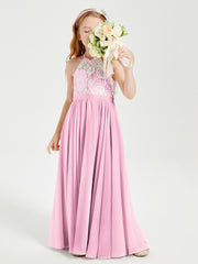 Lace Top Long Chiffon Bridesmaid Dresses Candy Pink