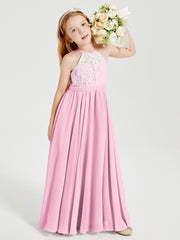 Lace Top Long Chiffon Bridesmaid Dresses Candy Pink