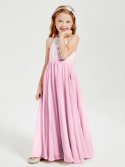 Lace Top Long Chiffon Bridesmaid Dresses Candy Pink