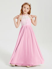 Lace Top Long Chiffon Bridesmaid Dresses Candy Pink