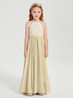 Lace Top Long Chiffon Bridesmaid Dresses Champagne