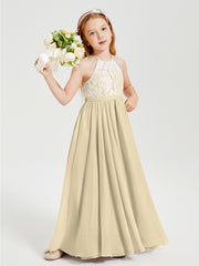 Lace Top Long Chiffon Bridesmaid Dresses Champagne