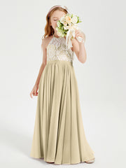 Lace Top Long Chiffon Bridesmaid Dresses Champagne