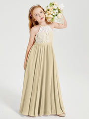 Lace Top Long Chiffon Bridesmaid Dresses Champagne
